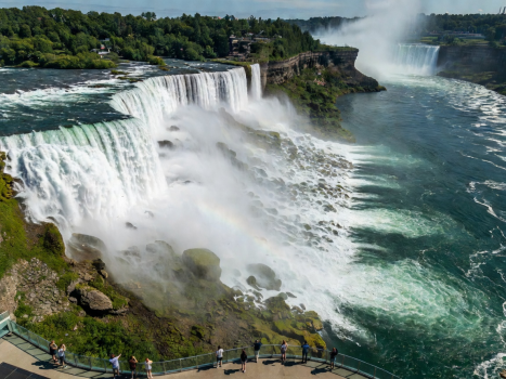 Aerial perspective of the roaring Horseshoe Falls from the observation deck of Fallsview Casino Resort