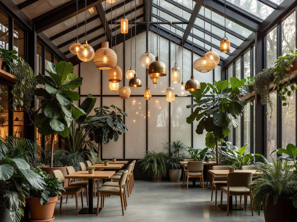 Artfully designed greenhouse-style restaurant interior with hanging light fixtures at Honey Salt