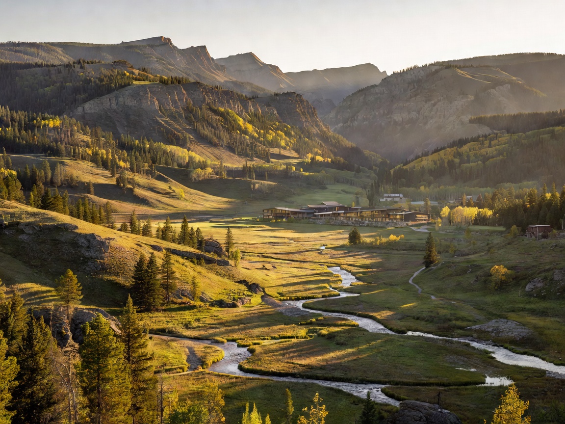 Beautiful sunlit valley looking out toward Tsuut'ina Nation highlands surrounding Grey Eagle Resort