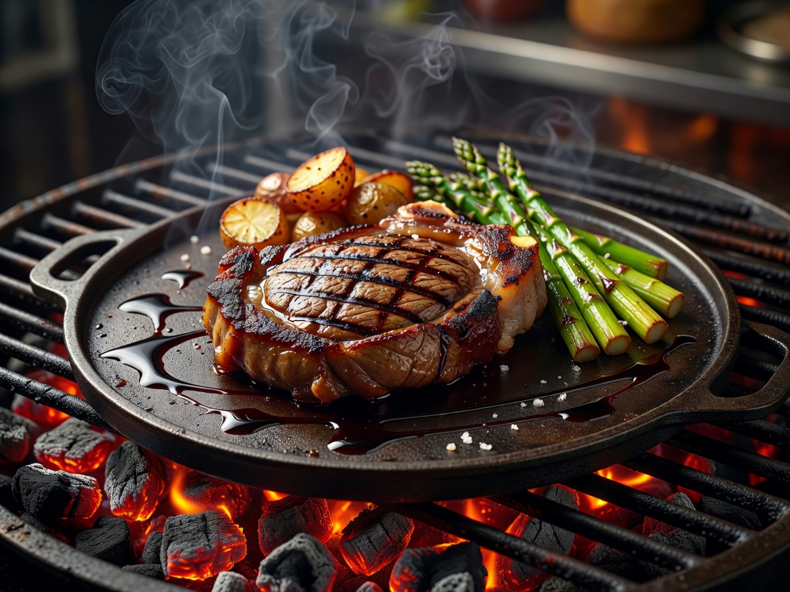 Beautifully prepared gourmet steak on dynamic charcoal grill platter
