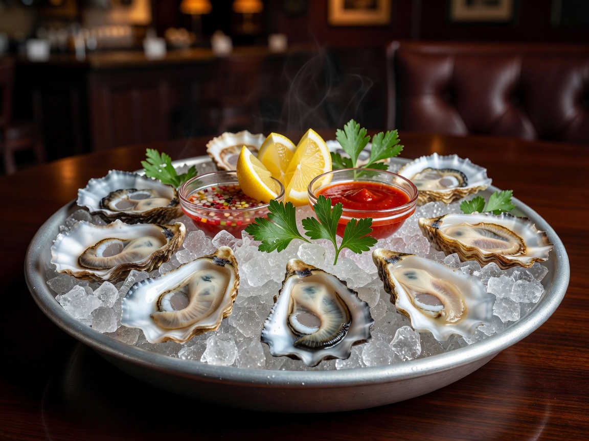 Beautifully presented fresh raw oyster selection served over hand-crushed ice at ATLAS Steak and Fish