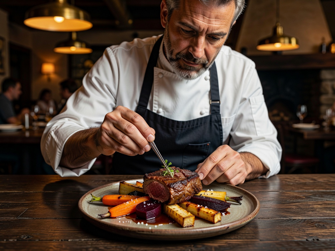 Chef finalising details on an elegant wild protein entrée with regional root vegetables at Little Chief