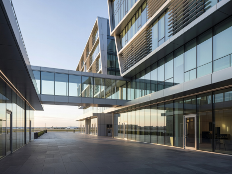 Hyper-modern contemporary resort facade and retail walk near Toronto Pearson Airport