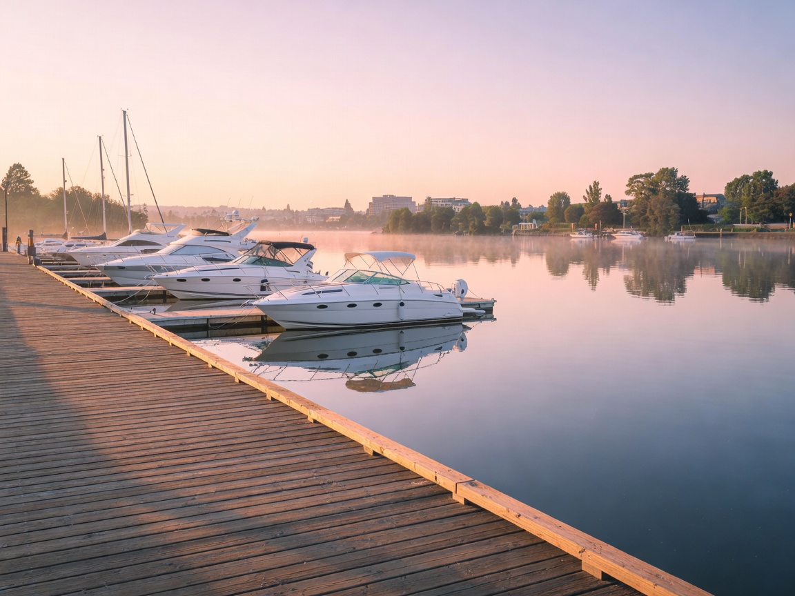 Scenic boardwalk marina by the river representing the quiet Richmond delta trails
