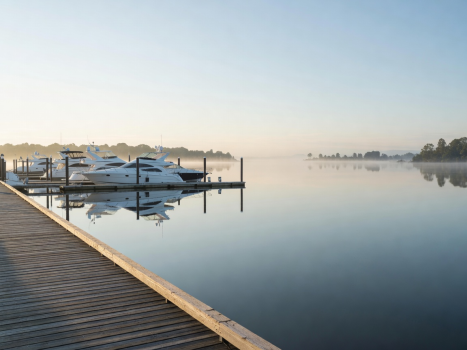 Quiet morning view of yacht slips and calm river waters at River Rock Marina boardwalk