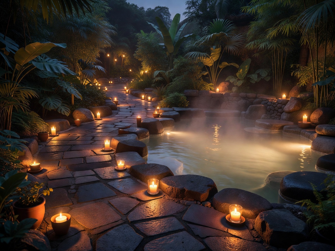 Relaxing resort spa setting with candlelit stone paths and warm thermal waters