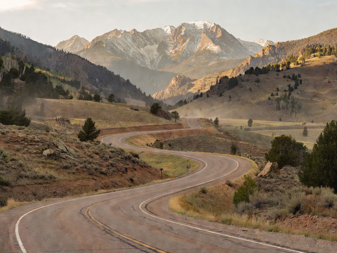 Rustic open highway winding toward beautiful Western Rocky Mountain foothills near Grey Eagle Resort