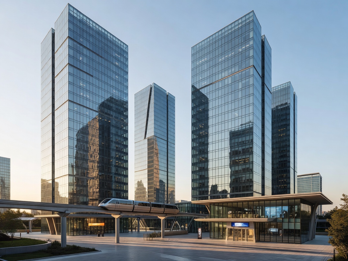 Sleek glass high-rise towers representing convenient modern urban transit hotel hubs