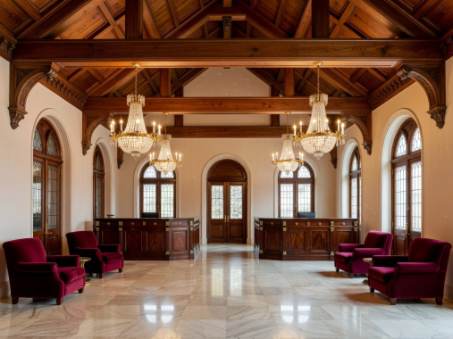 Symmetric grand heritage resort entrance lobby styled with high ceilings and luxury wooden accents
