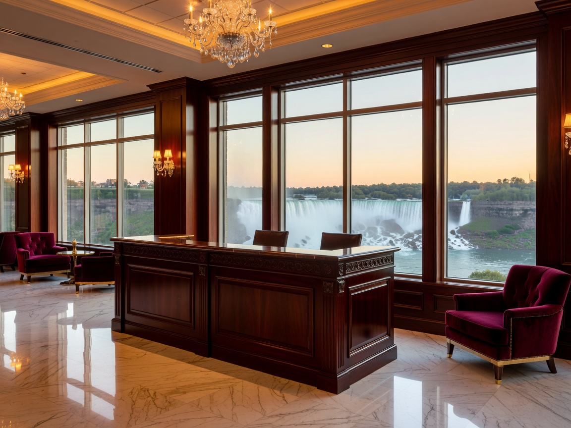 Warm interior luxury hotel reception desk framed by grand windows at Fallsview Casino Resort
